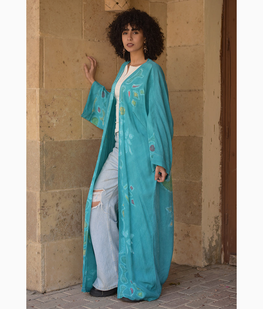 Aqua Batik Dyed Nubian Cardigan handmade in Egypt & available at Jozee Boutique.