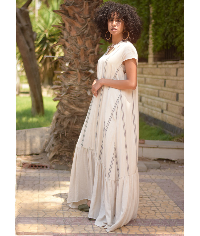 Off White Handwoven Ruffle Dress Handmade in Egypt & available at Jozee Boutique