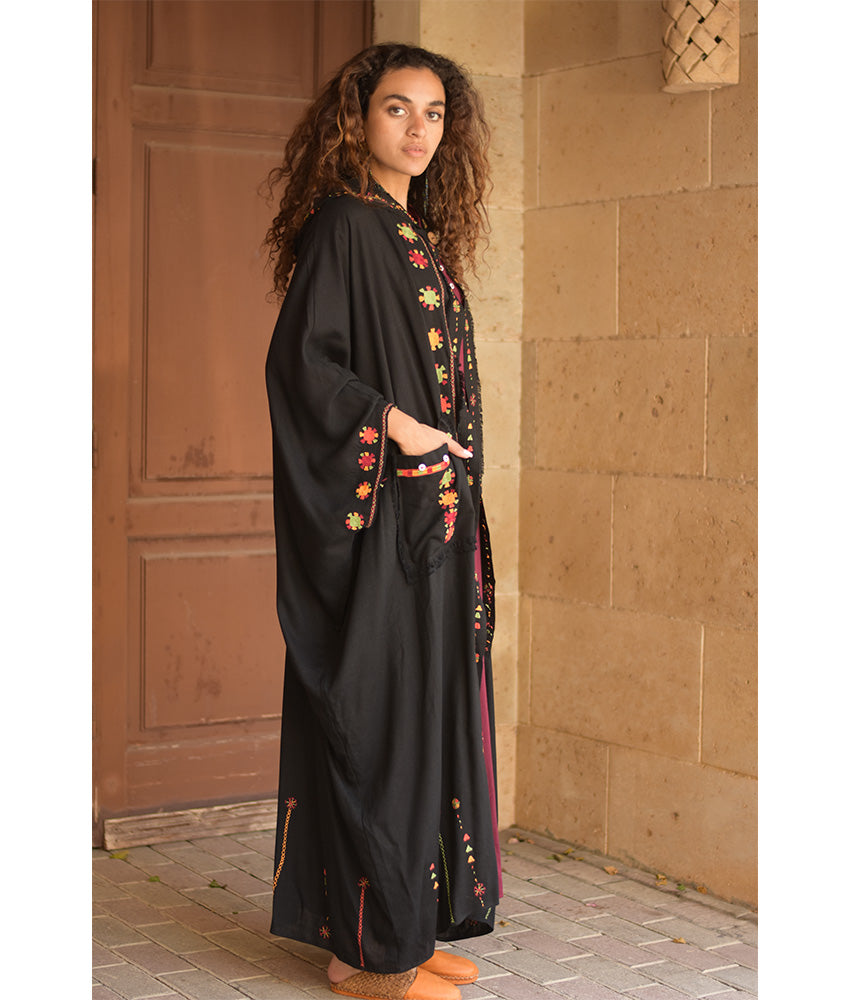Black Siwa Embroidered Linen Cardigan/Abaya with Hoodie handmade in Egypt & available at Jozee Boutique.