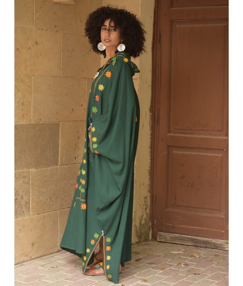 Emerald Green Siwa Embroidered Linen Kaftan with Hoodie handmade in Egypt & available at Jozee Boutique.