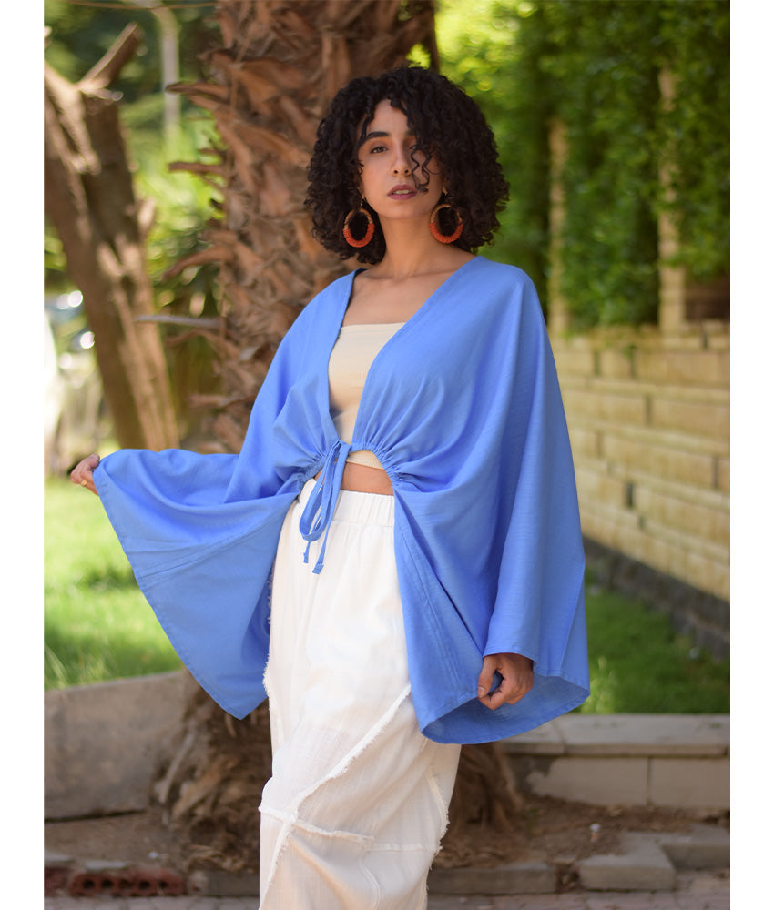 Deinm Blue Linen Bolero made in Egypt & available at Jozee Boutique.