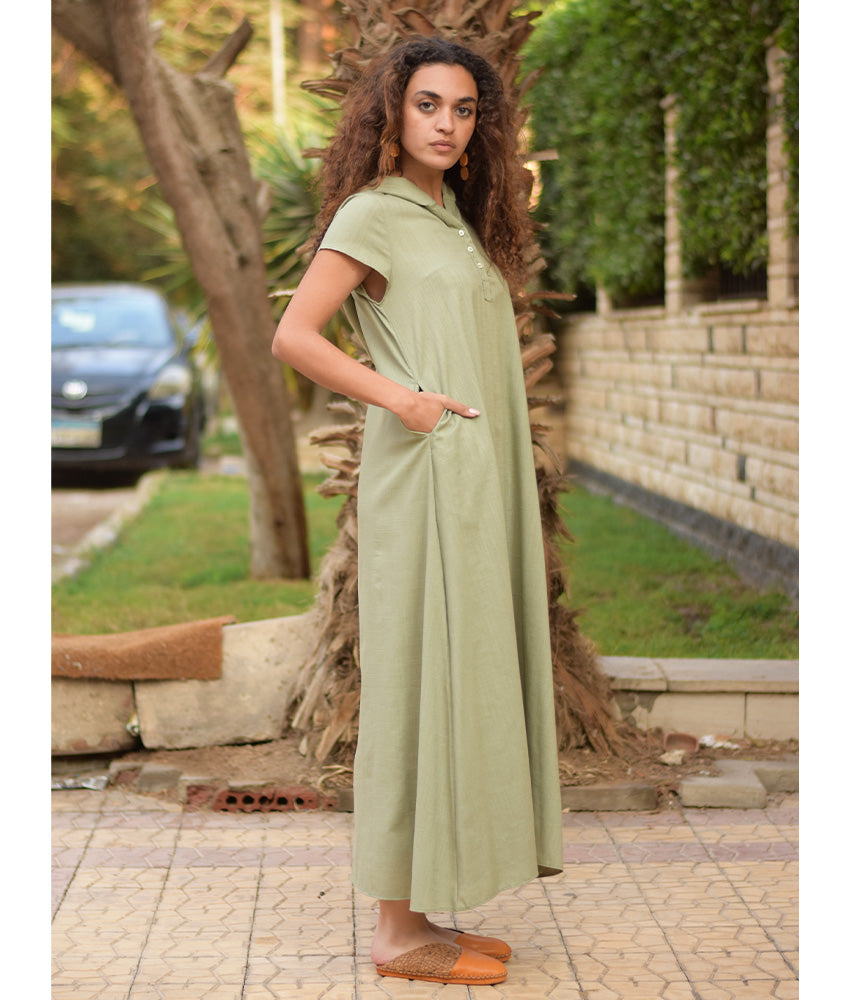 Light olive Linen Dress with Hoodie handmade in Egypt & available at Jozee Boutique.