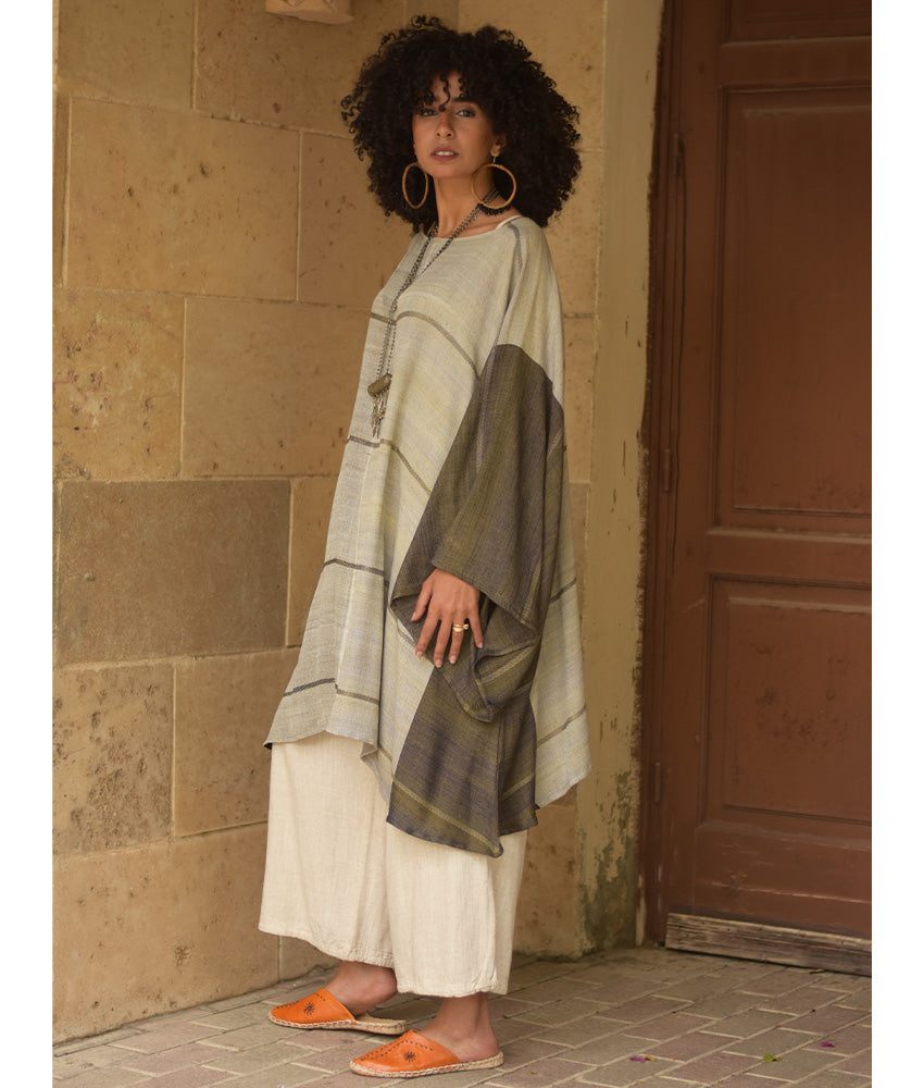 Beige & Army Green Viscose Midi Dress with Inspired Pattern handmade in Egypt & available at Jozee Boutique.