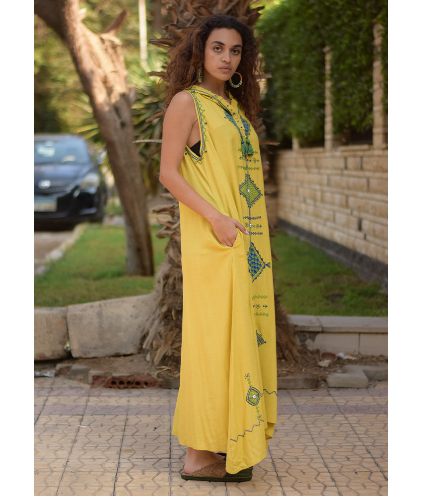 Mustard Siwa Heavily Embroidered Linen Dress with Hoodie handmade in Egypt & available at Jozee Boutique.