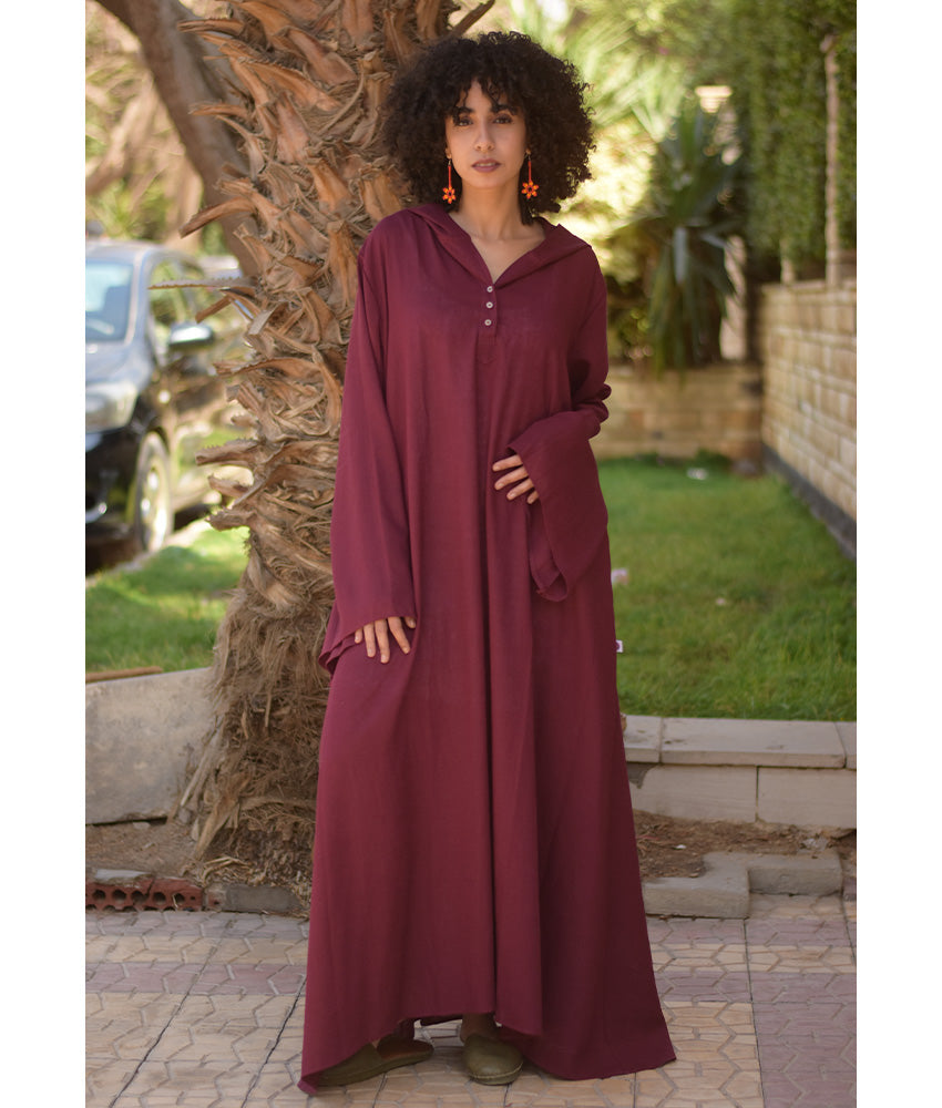 Burgundy Linen Dress with Hoodie handmade in Egypt & available at Jozee Boutique.