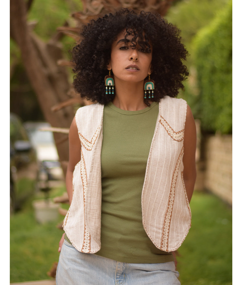 Off White & brown Hand Embroideries Linen Vest handmade in Egypt & available at Jozee Boutique.