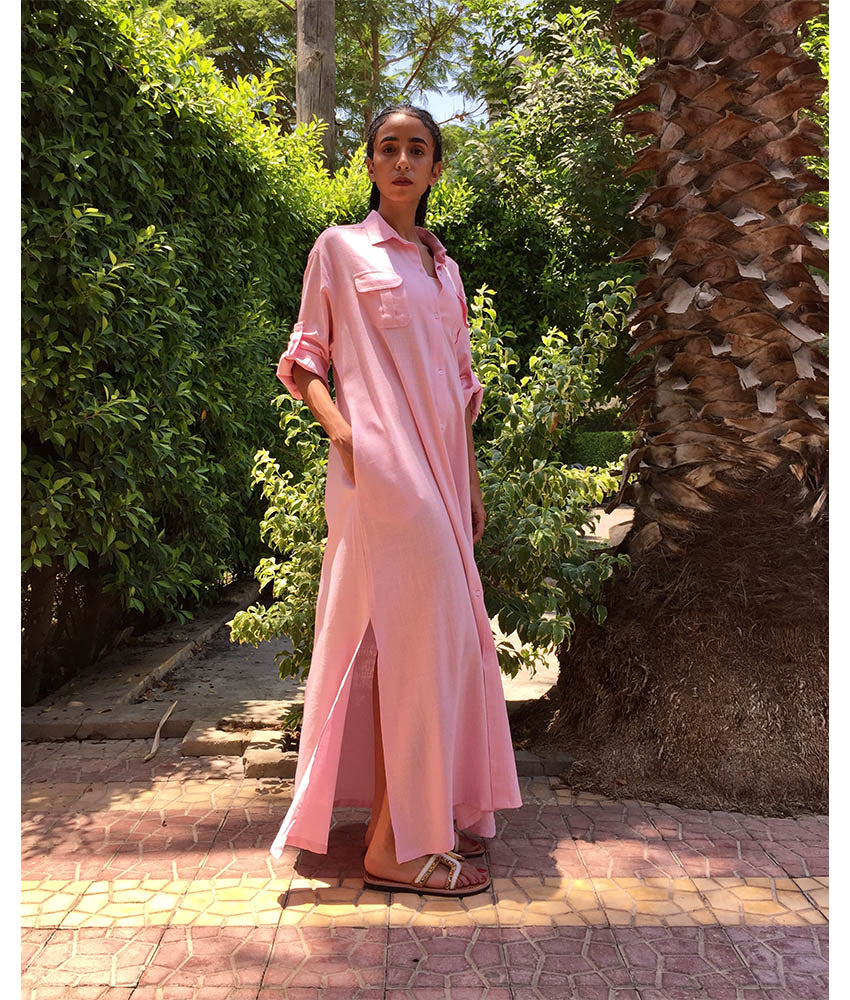 Powder Pink linen shirt dress handmade in Egypt & available in Jozee boutique