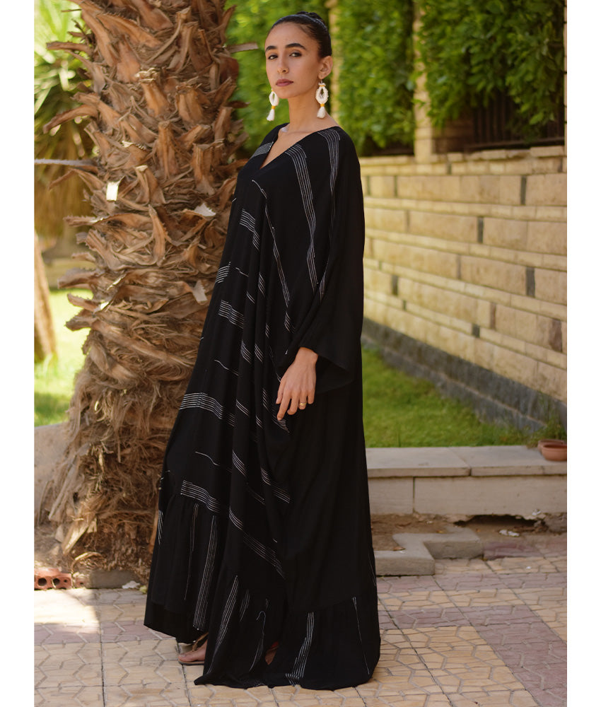 Black Handwoven Ruffle Kaftan handmade in Egypt & available at Jozee boutique
