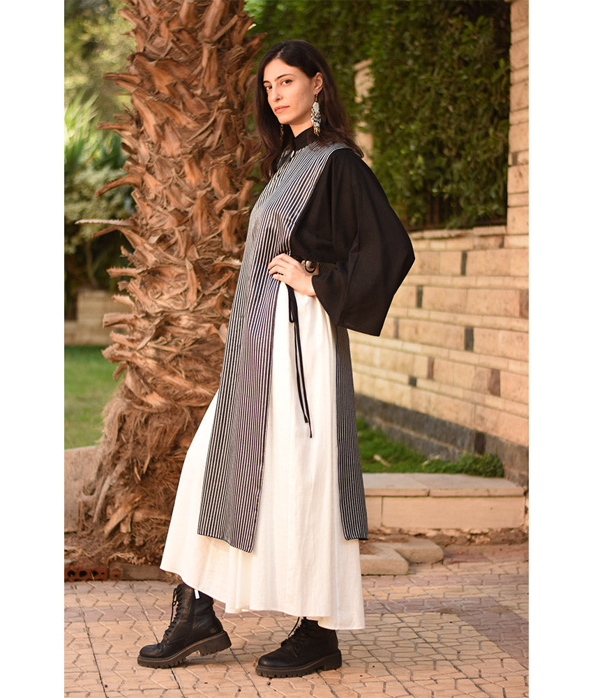 Black & Grey Silk & Cotton Loom Woven Long Sleeve Tunic handmade in Egypt & available at Jozee Boutique.