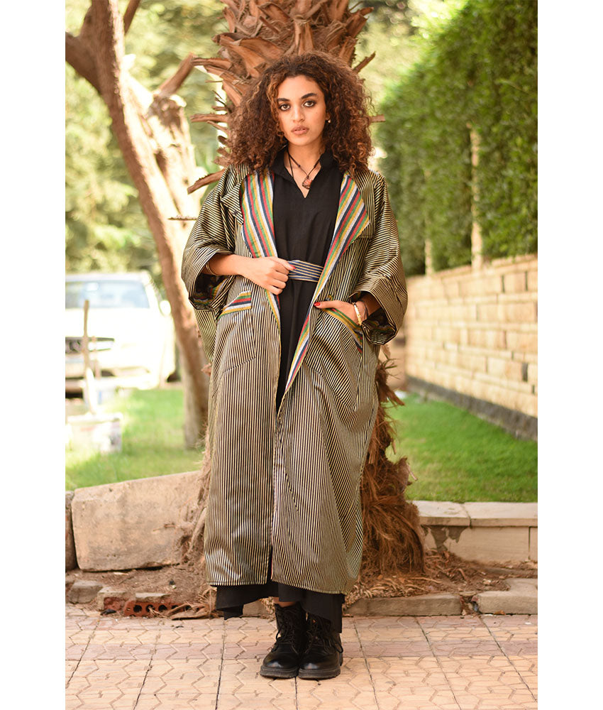 Striped Gold and Black & Multicolored Long Double-Faced Jacket handmade in Egypt & available at Jozee Boutique.
