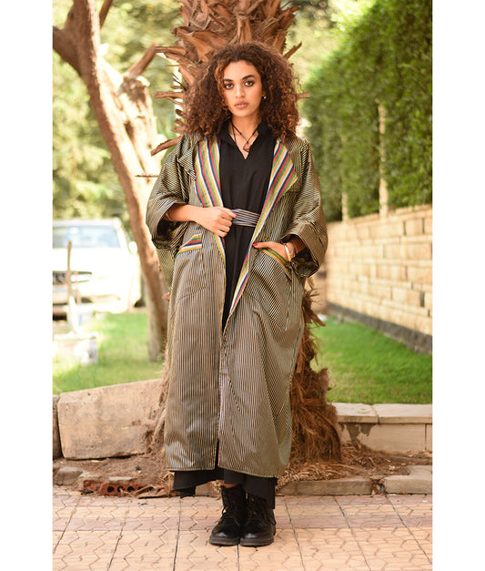 Striped Gold and Black & Multicolored Long Double-Faced Jacket handmade in Egypt & available at Jozee Boutique.