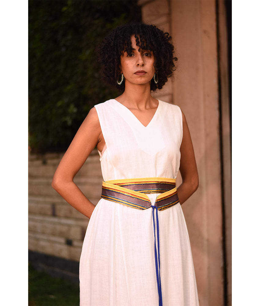 Denim Blue & Multicolored Silk & Cotton Loom Woven Double Wrap Belt handmade in Egypt and available at Jozee Boutique