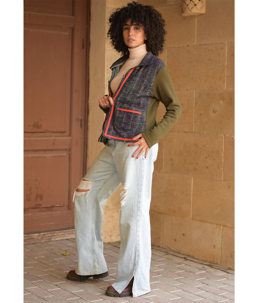 Dark Olive & Purple Cropped Akhmim Loomwoven Jacket handmade in Egypt & available at Jozee Boutique.