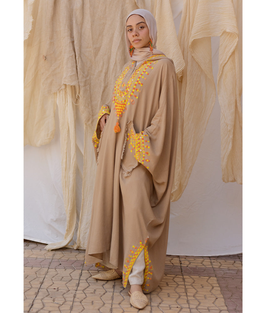 Dark Beige Siwa Embroidered Linen Kaftan with Hoodie handmade in Egypt & available at Jozee Boutique.