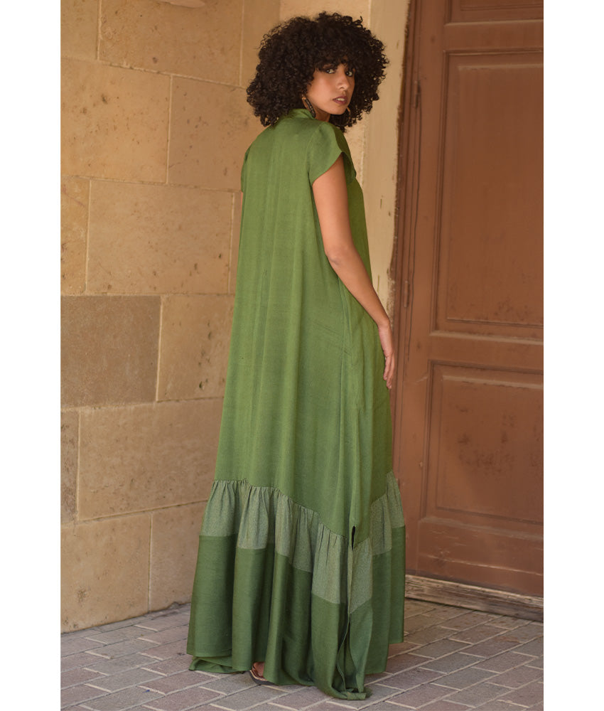 Green Handwoven Ruffle Dress Handmade in Egypt & available at Jozee Boutique