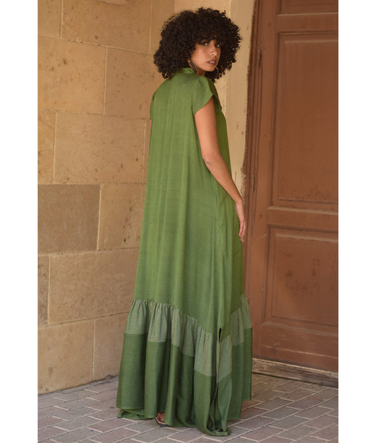 Green Handwoven Ruffle Dress Handmade in Egypt & available at Jozee Boutique