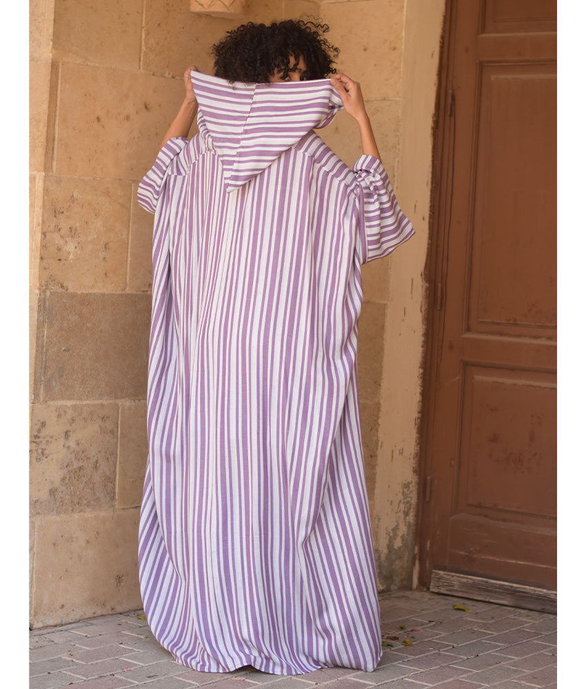 White & Purple Stripped Viscose Kaftan with Hoodie handmade in Egypt & available at Jozee Boutique.