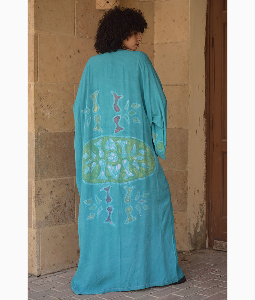 Aqua Batik Dyed Nubian Cardigan handmade in Egypt & available at Jozee Boutique.