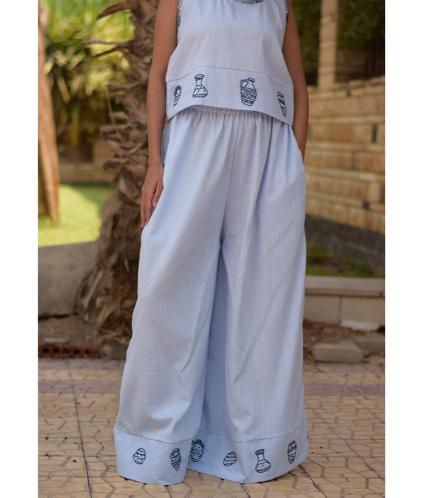 Baby blue Cotton Set with Hand Embroideries handmade in Egypt & available at Jozee Boutique.