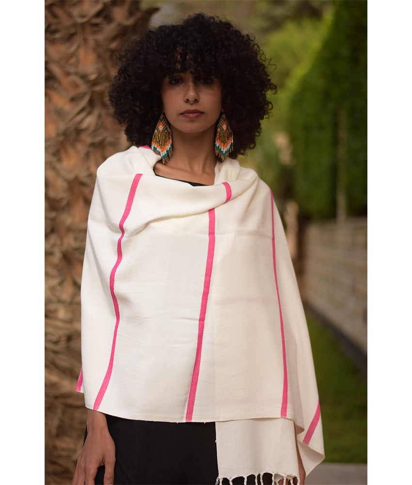 Off White & Fuchsia Viscose Shawl with Fringes handmade in Egypt & available at Jozee Boutique.handmade in Egypt & available at Jozee Boutique.
