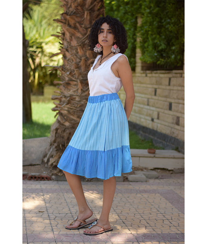 Shades of Blue Handwoven Short Ruffle Skirt handmade in Egypt & available at Jozee Boutique.