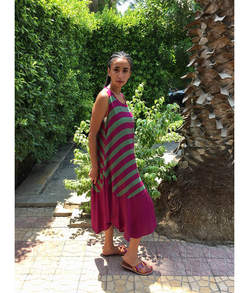 Purple & Green Viscose Midi Sleeveless Dress Handmade in Egypt & available in Jozee boutique
