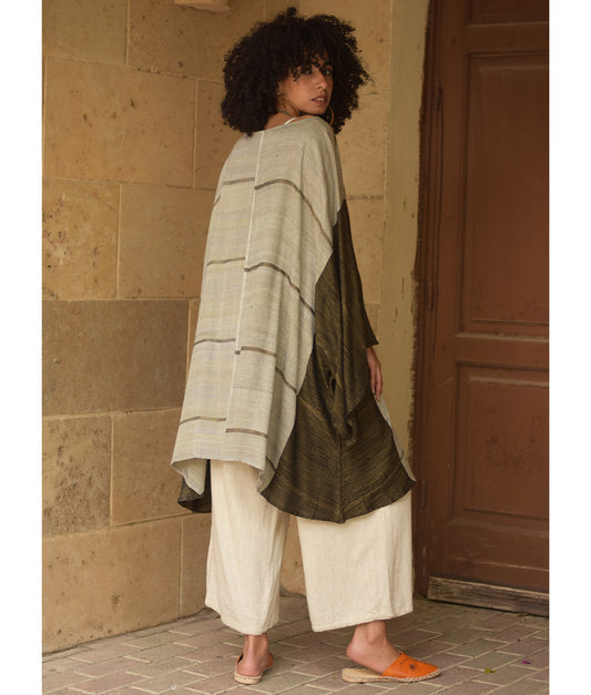 Beige & Army Green Viscose Midi Dress with Inspired Pattern handmade in Egypt & available at Jozee Boutique.