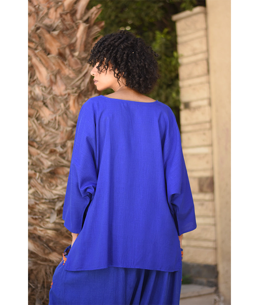 Electric Blue Linen Top – Long Sleeves handmade in Egypt & available in Jozee boutique