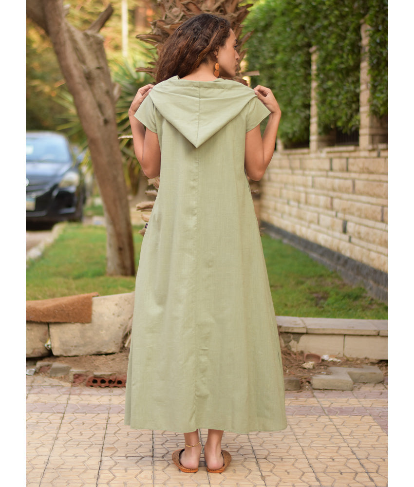 Light olive Linen Dress with Hoodie handmade in Egypt & available at Jozee Boutique.
