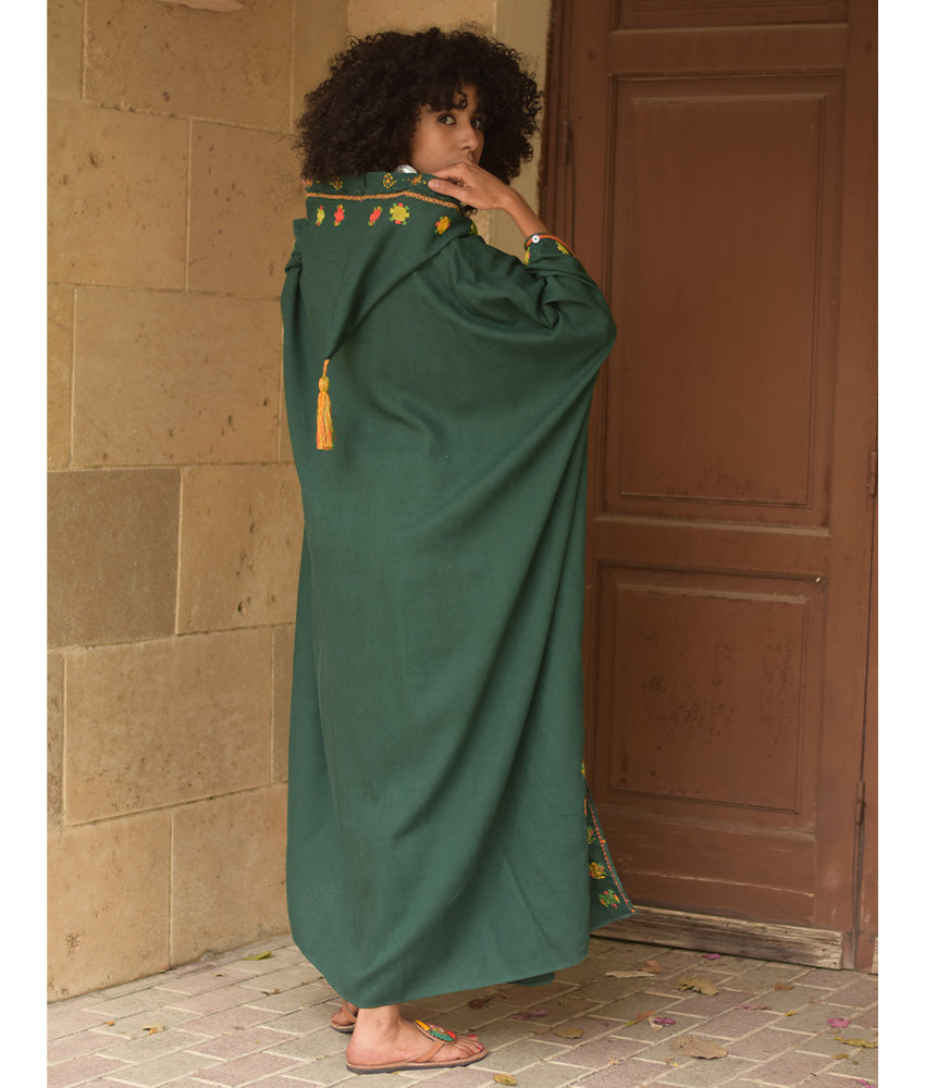 Emerald Green Siwa Embroidered Linen Kaftan with Hoodie handmade in Egypt & available at Jozee Boutique.