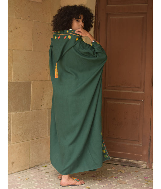 Emerald Green Siwa Embroidered Linen Kaftan with Hoodie handmade in Egypt & available at Jozee Boutique.