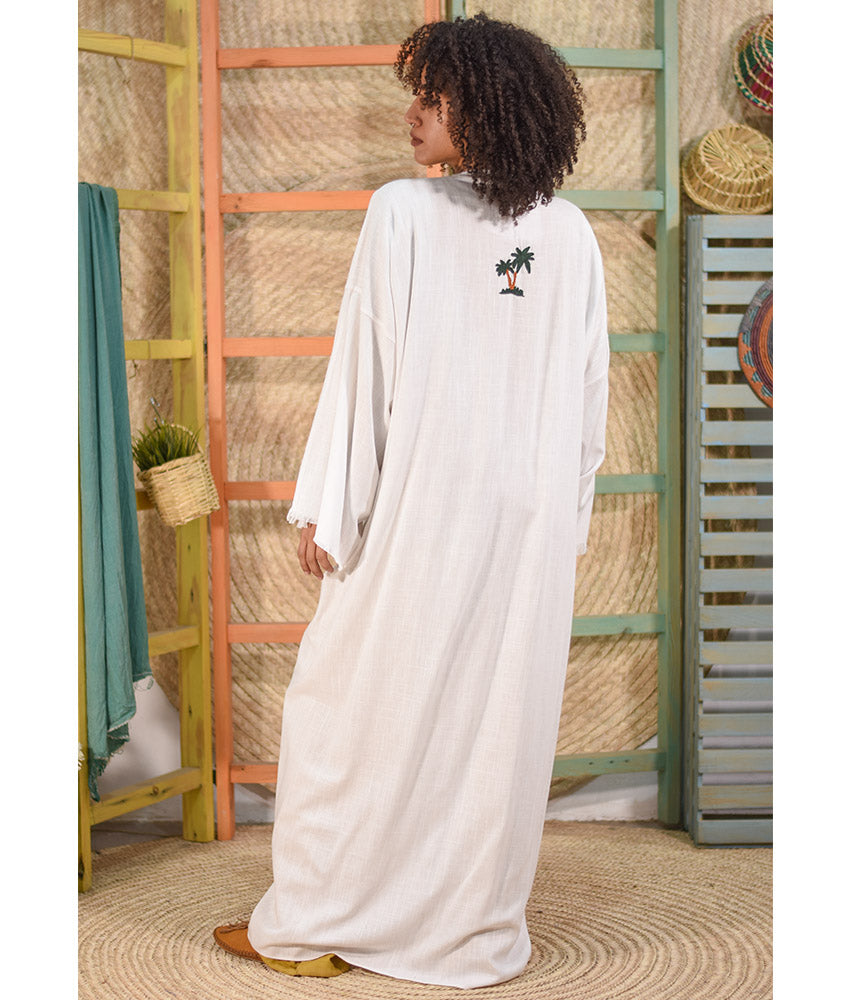 White Embroidered Handwoven Linen Cardigan handmade in Egypt & available at Jozee boutique