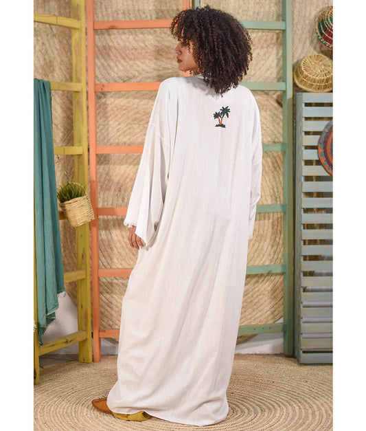 White Embroidered Handwoven Linen Cardigan handmade in Egypt & available at Jozee boutique