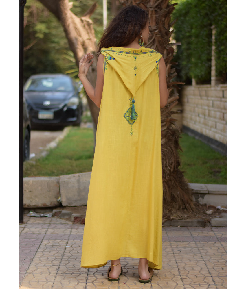 Mustard Siwa Heavily Embroidered Linen Dress with Hoodie handmade in Egypt & available at Jozee Boutique.