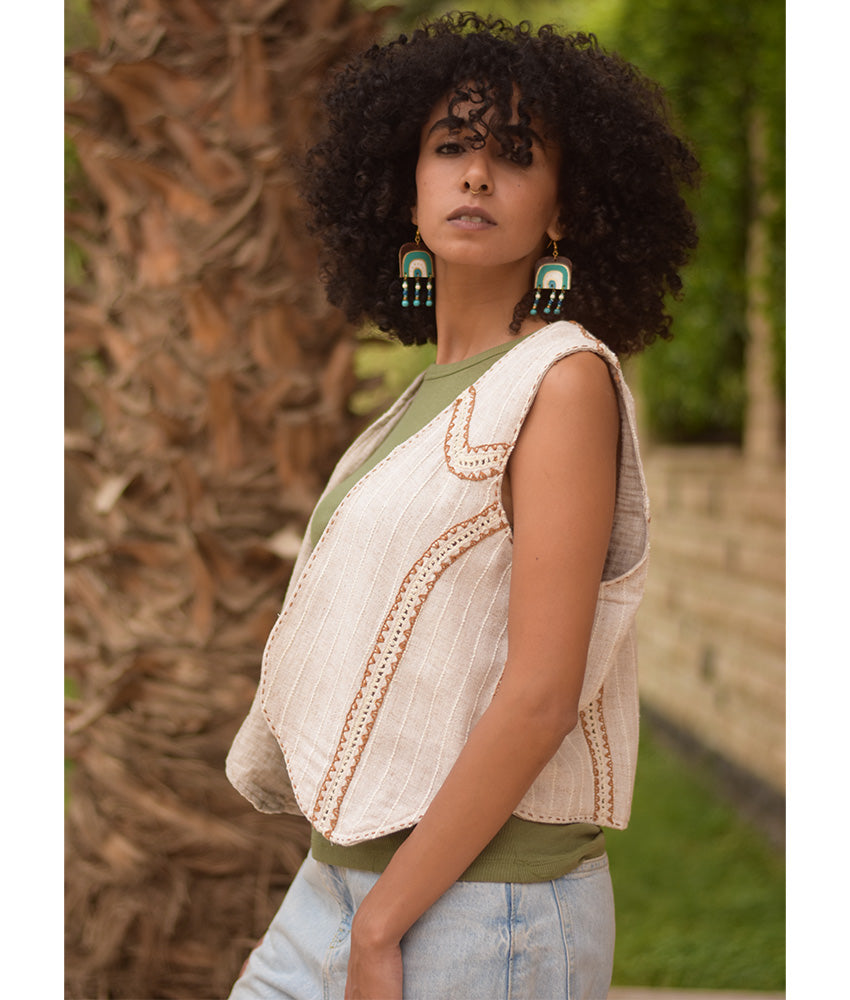 Off White & brown Hand Embroideries Linen Vest handmade in Egypt & available at Jozee Boutique.