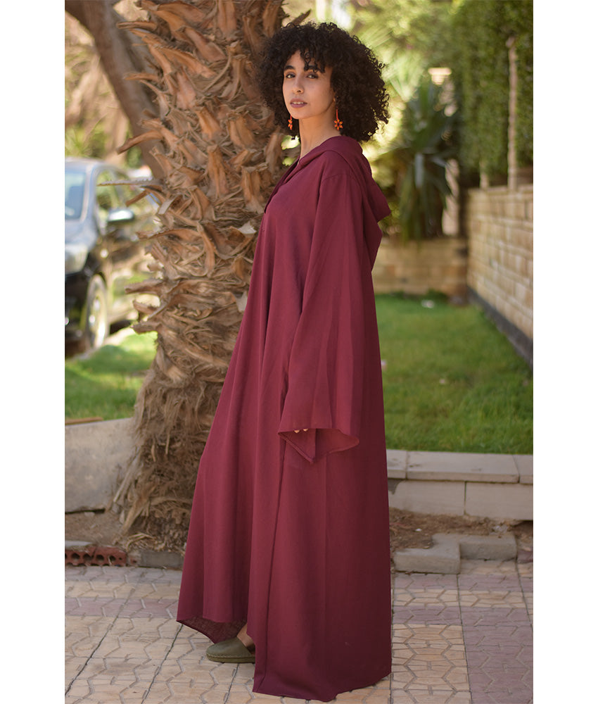 Burgundy Linen Dress with Hoodie handmade in Egypt & available at Jozee Boutique.