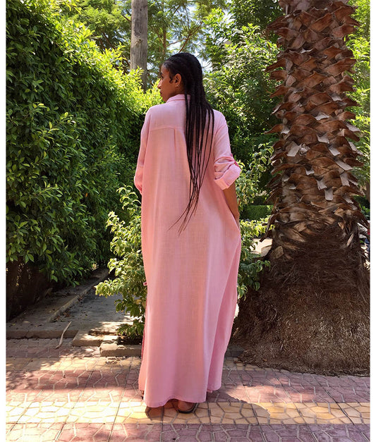 Powder Pink linen shirt dress handmade in Egypt & available in Jozee boutique