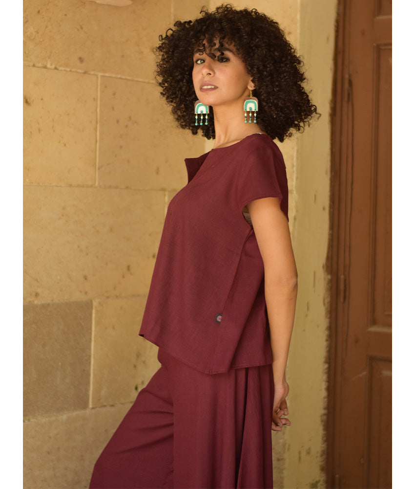 Burgundy Linen Relaxed Top handmade in Egypt & available at Jozee boutique
