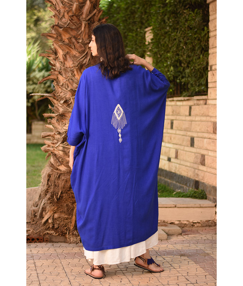 Electric Blue Siwa Embroidered Handwoven Linen Cardigan handmade in Egypt & available at Jozee Boutique.