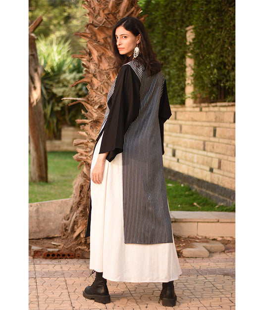 Black & Grey Silk & Cotton Loom Woven Long Sleeve Tunic handmade in Egypt & available at Jozee Boutique.