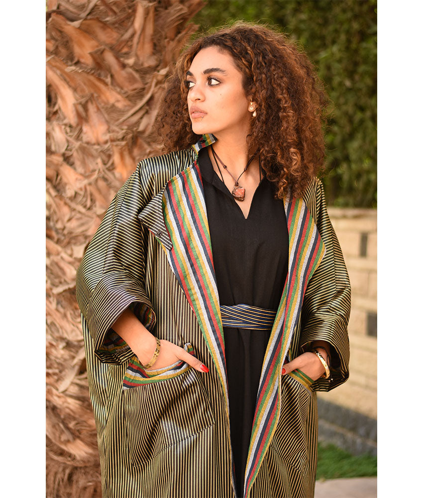 Striped Gold and Black & Multicolored Long Double-Faced Jacket handmade in Egypt & available at Jozee Boutique.