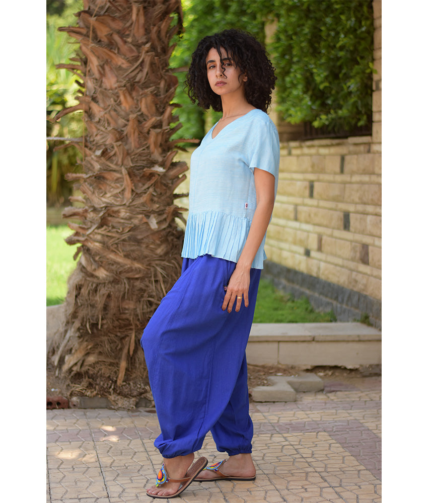 Baby Blue Handwoven Ruffle Top handmade in Egypt & available in Jozee boutique