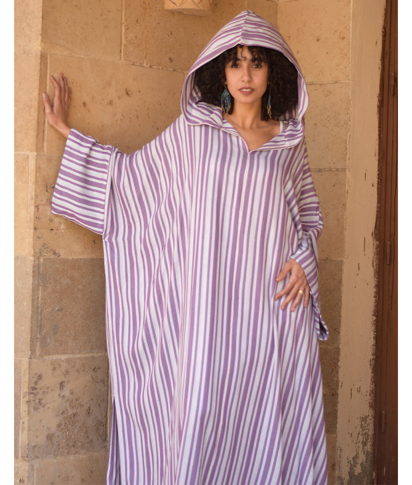 White & Purple Stripped Viscose Kaftan with Hoodie handmade in Egypt & available at Jozee Boutique.