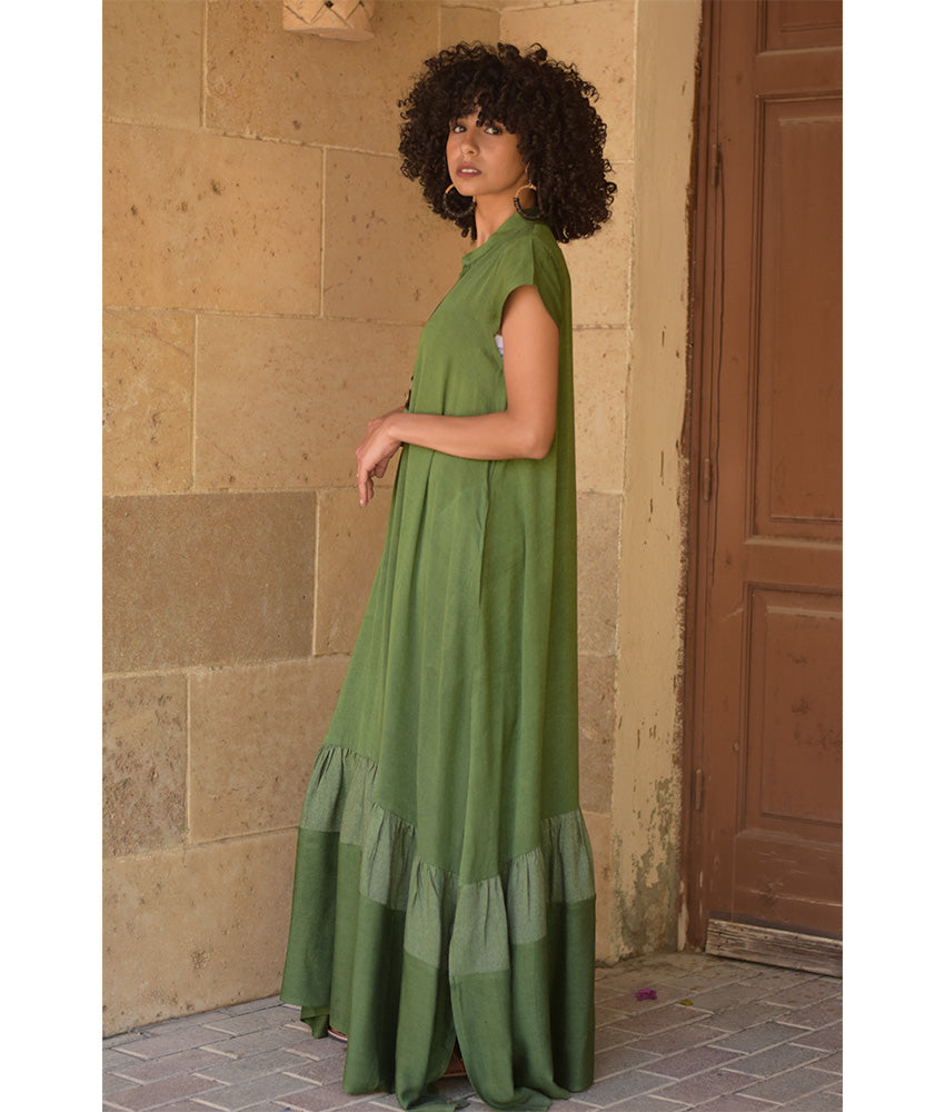 Green Handwoven Ruffle Dress Handmade in Egypt & available at Jozee Boutique