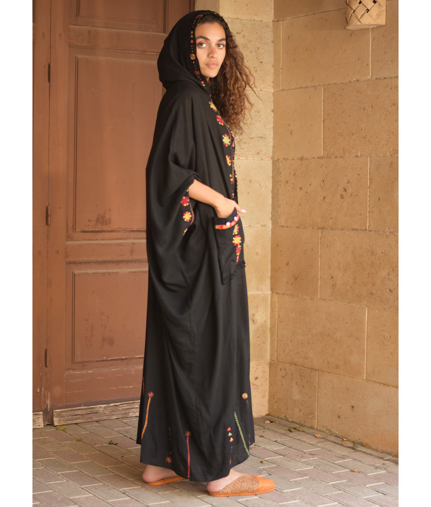 Black Siwa Embroidered Linen Cardigan/Abaya with Hoodie handmade in Egypt & available at Jozee Boutique.