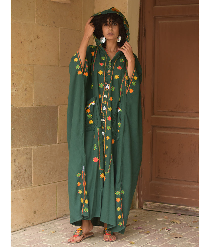 Emerald Green Siwa Embroidered Linen Kaftan with Hoodie handmade in Egypt & available at Jozee Boutique.