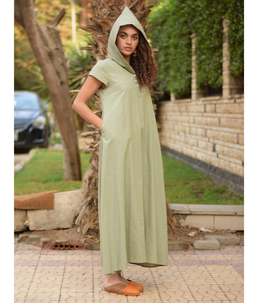 Light olive Linen Dress with Hoodie handmade in Egypt & available at Jozee Boutique.