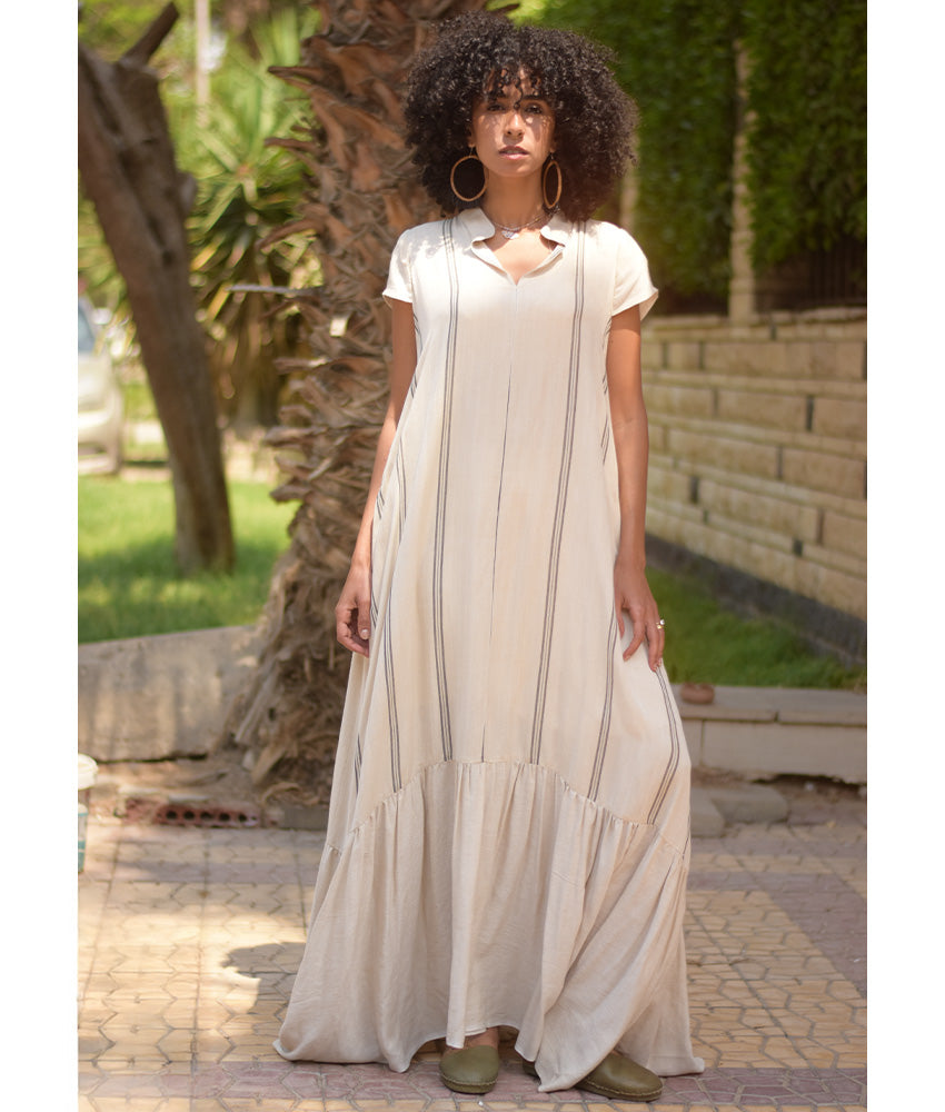 Off White Handwoven Ruffle Dress Handmade in Egypt & available at Jozee Boutique