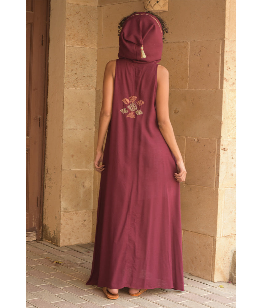 Burgundy Siwa Heavily Embroidered Linen Dress with Hoodie handmade in Egypt & available at Jozee Boutique.