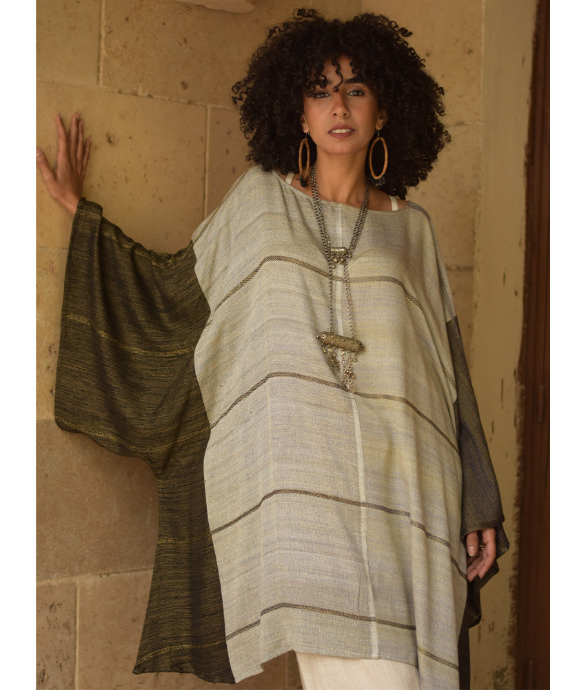 Beige & Army Green Viscose Midi Dress with Inspired Pattern handmade in Egypt & available at Jozee Boutique.